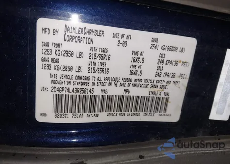 2003 Dodge Grand Caravan Ex z USA, uszkodzony, nr VIN 2D4GP74L43R256145